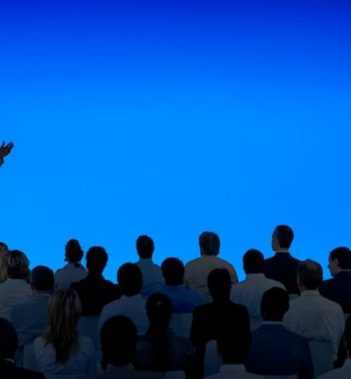 corporate businessman giving presentation large audience 53876 101865