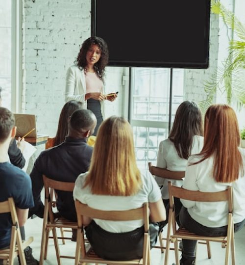 female african american speaker giving presentation hall university workshop 155003 3579